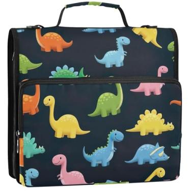 Imagem de Lindo organizador de fichário com zíper, 3 anéis, dinossauros fofos, portfólio preto, comporta 500 folhas, bolsa para fichário do ensino médio com alça, 34,5 x 31,5 x 9 cm