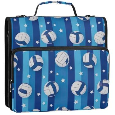 Imagem de Bolas de vôlei, estrelas brancas, listras azuis, fichários de 3 cm, 3 anéis, fichário resistente, organizador de fichários escolares com alça de ombro, pasta de armazenamento com alça, 34,5 x 31,5 x 9