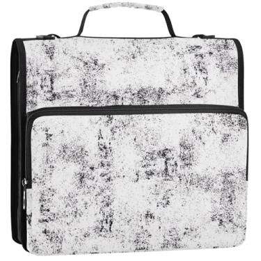 Imagem de Fichário de 3 anéis com textura grunge preto e branco áspero, 3 anéis, fichário com zíper, fichário organizador com alça, bolsa de ensino médio, vários bolsos, pasta grande para portfólio 34,5 x 31,5