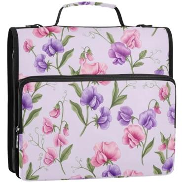 Imagem de 3 fichários de flores, folhas verdes, lavanda com 3 anéis de 3,8 cm, organizador de fichário com zíper, bolsa escolar com alça de ombro, portfólio de documentos e estojo para pasta de anéis, 34,5 x