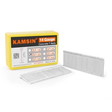 Imagem de KAMSIN ST32 Pregos T de concreto calibre 14, pregos T de concreto agrupados de 32 mm de comprimento, galvanizados, 800 peças/caixa, fixadores para pregador em T de concreto pneumático, pistola de