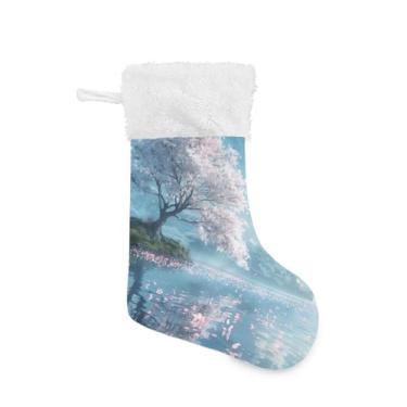 Imagem de ATTX Meias de Natal de cerejeira branca, suporte de presente com punho de pelúcia branco para decorações de festas de fim de ano (17,7 polegadas, pacote com 2) #915