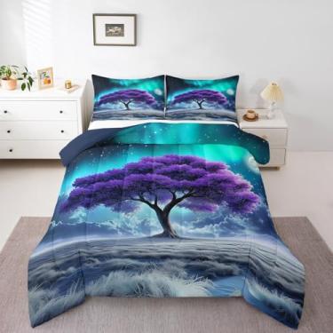 Imagem de Erosebridal Conjunto de edredom Queen, com árvore roxa e rústica aurora, para crianças e adultos, lua e estrelas, noite estrelada, conjunto de cama com 2 fronhas, decoração de quarto
