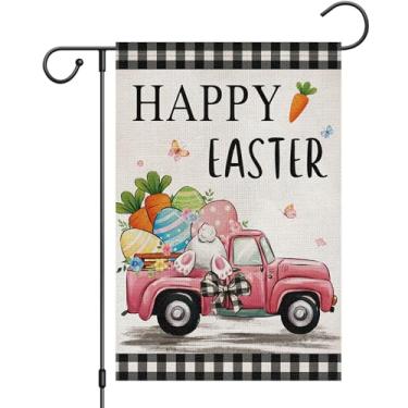 Imagem de Heyfibro Happy Easter Caminhão rosa com bandeira de jardim de coelhinho 30 x 45 serapilheira dupla face, bandeira de quintal de cenouras e ovos de xadrez de búfalo para decoração de jardim de fazenda