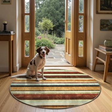 Imagem de jinchan Tapete redondo de 1,5 m, moderno, listrado, lavável, macio, grande, cobertor, antiderrapante, colorido, para quarto, cozinha, sala de jantar, casa, escritório, crepúsculo caramelo