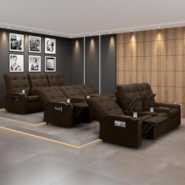 Imagem de Poltrona do Papai Reclinável Sala de Cinema Movie 3 Lugares Manual Baú USB Veludo Marrom