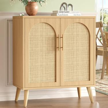 Imagem de Keehusux Armário de armazenamento de vime D de 39,9 cm com portas, armário de piso de banheiro com detalhe boho com prateleira ajustável e pernas de madeira maciça, buffet de aparador para sala de