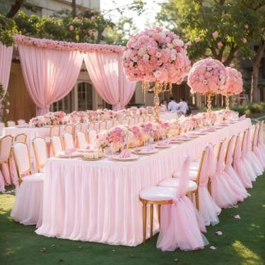 Imagem de Wish Care Toalha de mesa de tule rosa para mesas retangulares de 2,3 m, toalhas de mesa elásticas com babados, saia de mesa tutu, 2,4 m, sem rugas, elastano para decoração de aniversário, festa de