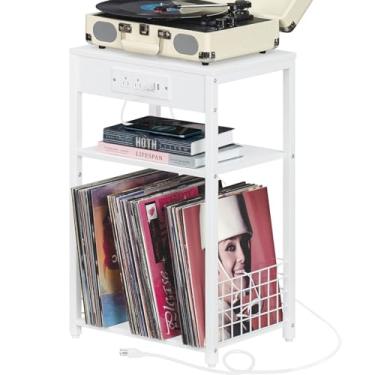 Imagem de Mesa de canto de 3 níveis, suporte para toca-discos com armazenamento de até 100 álbuns, suporte de toca-discos para vinil, prateleira marrom para sala de estar e quarto (branco rústico)