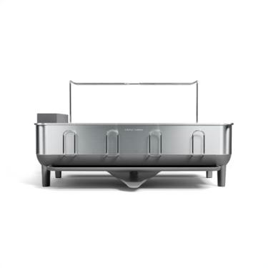 Imagem de simplehuman Escorredor de louça de grande capacidade com moldura de aço inoxidável, bico giratório de drenagem fácil de 360º, suporte para utensílios e taças de vinho, revestimento anti-resíduo