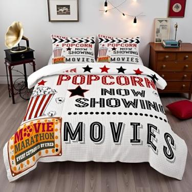 Imagem de Homewish Conjunto de edredom de cinema tamanho Queen, conjunto de cama de cinema vintage dos anos 70, 3 peças, para decoração de quarto de crianças, adolescentes e adultos, estampa de pipoca, edredom