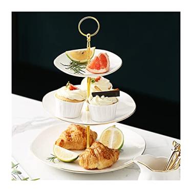 Imagem de Suporte de bolo de cerâmica de três camadas branco destacável mesa de sobremesa multiuso suporte de exibição de bolo para casa, restaurante, hotel, adequado para bolos de nascimento, sobremesa