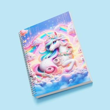 Imagem de Caderno Universitário Capa Dura Decorado Unicórnio, Espiral, com Adesivos (CAPA 1, 01 MATÉRIA (96 FLS))