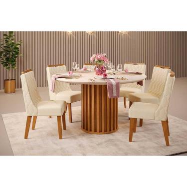 Imagem de Conjunto: Mesa de Cozinha Viena c/ Tampo Madeirado c/ Vidro 136x136cm e 6 Cadeiras Bia Cedro/Off White - Linho Neve - DJ Móveis