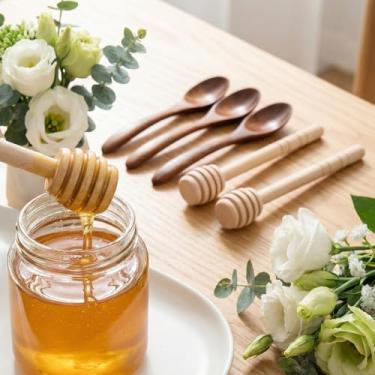 Imagem de Conjunto de 6 peças de molho de mel de madeira, palito de pente de mel de 5,1 polegadas, colher misturadora para regar uniformemente mel sobre comida e festa de casamento