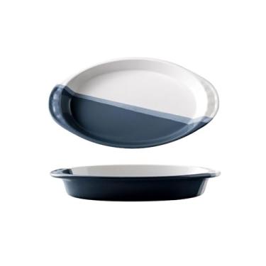 Imagem de Panelas de lasanha criativas assadeira cerâmica queijo assado prato de arroz assado microondas prato binaural prato vegetal utensílios de mesa tigela de cozimento doméstico prato de lasanha (azul