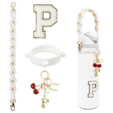 Imagem de BydGxy Pingente de laço de fita de cereja para Owala FreeSip & Tumbler, acessórios de alça de garrafa de água iniciais personalizados, presente estilo preppy (branco) - P