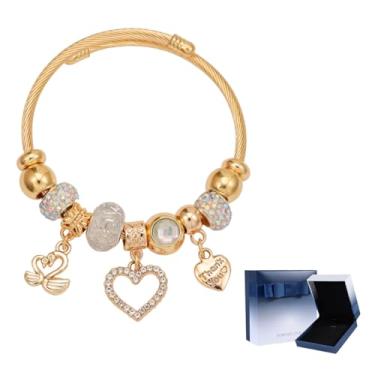 Imagem de LOMISS PULSEIRA FEMININA DOURADA COM PINGENTE DE CISNE EM FORMATO DE CORAÇÃO PULSEIRA CONJUNTO DE PRESENTE (Caixa 2)