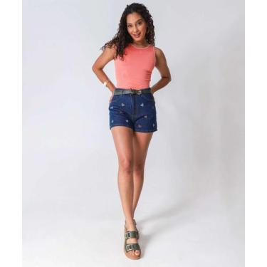 Imagem de Short Jeans Feminino Bordado Coração Azul-23058 - Akiyoshi, 40, Jeans 