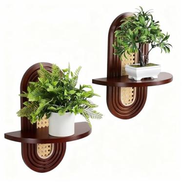 Imagem de SHEKAKO Prateleiras flutuantes para parede, prateleira decorativa de vime boêmio, prateleiras de exibição de madeira rústica para decoração de casa, banheiro, cozinha, quarto, sala de estar