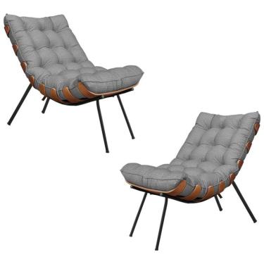 Imagem de Kit 2 Poltronas Abel Base de Madeira Preto Linho Cinza