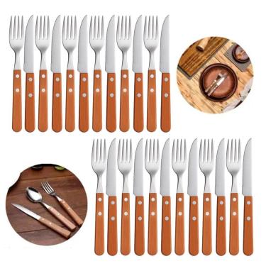 Imagem de Jogo 12 Garfos E 12 Facas Cabo De Madeira Churrasco Astana 20cm Em Casa Tem