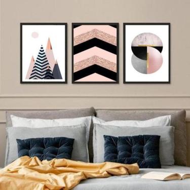 Imagem de Kit 3 Quadros Geométricos Quarto Rosa E Preto 24X18Cm