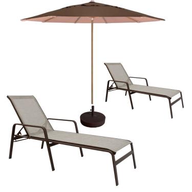 Imagem de Kit 2 Espreguiçadeiras Piscina Sevilha + Guarda Sol Praia Com Base Capuccino