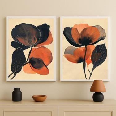 Imagem de Kit 2 Quadros Flores Marrom Terracota e Preto 45x34cm - com vidro