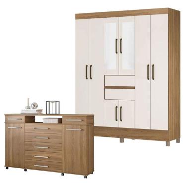 Imagem de Cômoda London e Guarda Roupa Casal Munique Amêndola Off White com Espelho - Demóbile