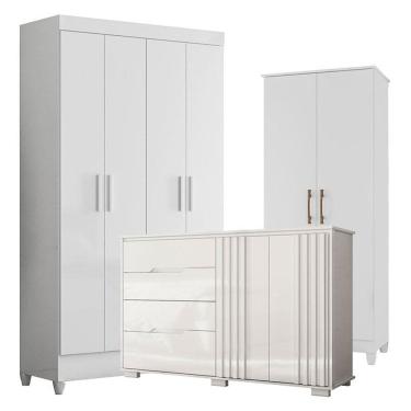 Imagem de Guarda Roupa Infantil Madri com Cômoda Texas e Multiuso Jade Branco Brilho – Moval