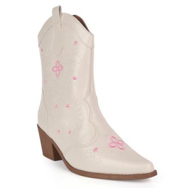 Imagem de Bota Texana Feminina Western Bico Fino Quadrado Cano Curto Bordada Cou