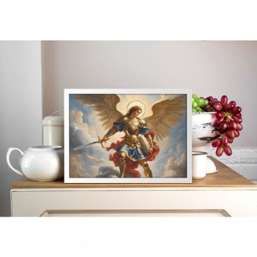 Imagem de Quadro Religioso São Miguel Arcanjo em Vinil 70 X 50 Branco com Moldura Tipo Caixa para Decoração Center Molduras