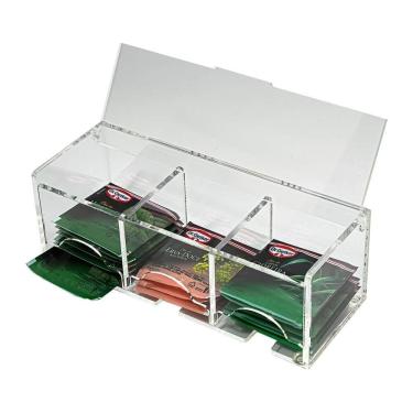 Imagem de Caixa Porta Sachês de Chá com 3 Nichos Acrílico Cristal Tampa Articulada Transparente C...