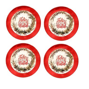 Imagem de Conjunto 4 Pratos Feliz Natal Em Melamina Para Jantar 25cm