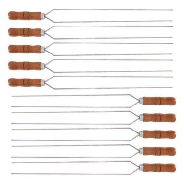 Imagem de Kit 10 Espetos Duplo Inox 40cm Cabo Madeira Churrasco - INOX LAURINDOS