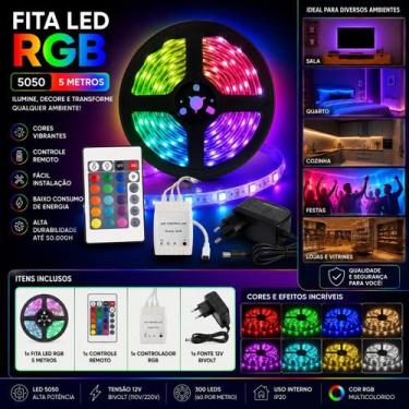 Imagem de Fita LED RGB 5050 5m Controle Fonte 12V Bivolt  Iluminação Colorida Al