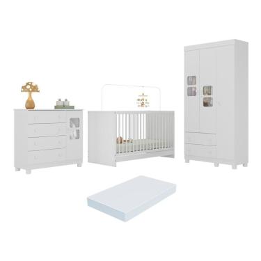Imagem de Conjunto de Quarto de Bebê com Berço 3 em 1 MP4542 4 Portas 6 Gavetas MDF-MDP 92cm Branco Multimóveis