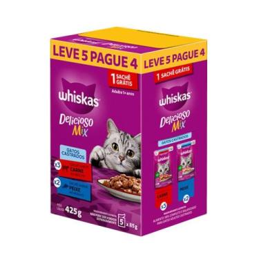 Imagem de Sachê Whiskas Carne e Peixe Castrados Adultos 85g 5 unidades