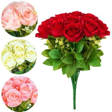 Imagem de Kit 24 Botões Flores Rosas Buquê Arranjo Folhagem Artificiais Para Dec