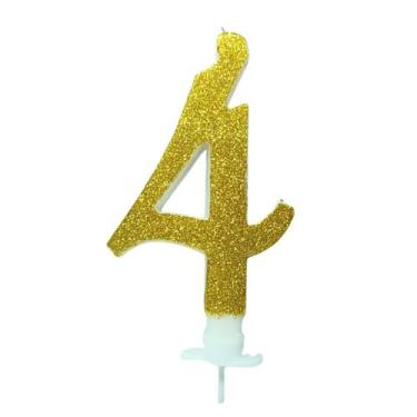 Imagem de Vela com suporte aniversario grande dourada glitter numero 4 - Silver 