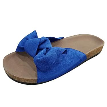 Imagem de Sandálias femininas de praia grossas chinelos sapatos baixos salto baixo laço moda arco feminino chinelo, Azul, 7