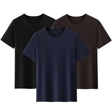 Imagem de 3 peças modal gola redonda manga curta camiseta para homens e mulheres verão fresco cor sólida modal camiseta.., Preto, cinza escuro, azul escuro, GG