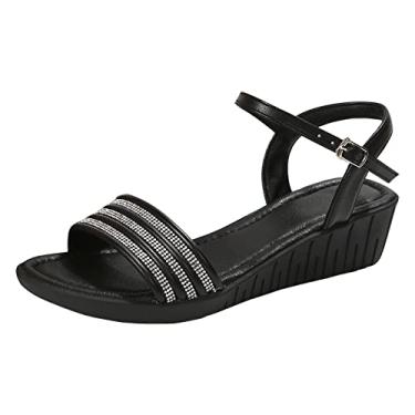 Imagem de Coerni Sandálias peludas femininas abaixo de 10 senhoras moda verão listrado fivela de strass aberta sandálias de salto anabela (preta, 37)