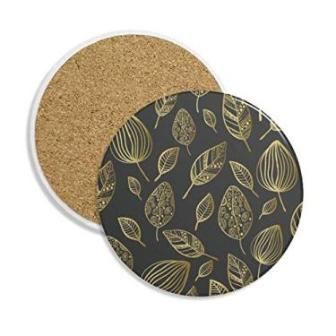 Imagem de Porta-copos de cerâmica com desenho de folhas douradas e porta-copos com pedra absorvente para bebidas, presente de 2 peças