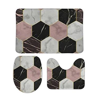 Imagem de Top Carpenter Conjunto de 3 peças antiderrapante de tapete de banheiro branco, rosa e preto, tapete de mármore macio + tampa de vaso sanitário + tapete de banheiro para decoração de banheiro