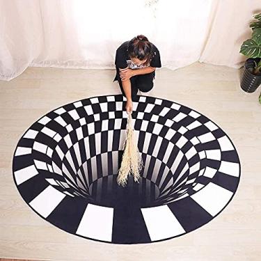 Imagem de Hanghaijia Tapete redondo de ilusão visual 3D, tapete geométrico preto e branco para casa, sala de estar, quarto, varanda, etc. (cor: poliéster, tamanho: D160 cm)
