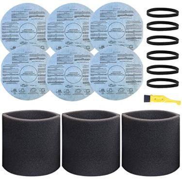 Imagem de MZY LLC Pacote com 3 filtros de espuma 90585, pacote com 6 filtros de disco seco 9010700 e 6 pacotes de faixas de retenção para aspirador de pó seco e molhado, 5 galões ou maiores
