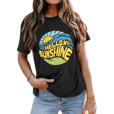 Imagem de Camiseta feminina com estampa Here Comes The Sun Hello Sunshine Palm Tree Summer Beach Sunshine, Cinza escuro 1, G