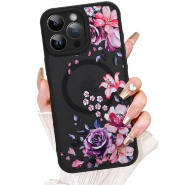 Imagem de AIGOMARA Capa para iPhone 11 Pro Max, compatível com MagSafe, linda flor de lírio rosa com capa de telefone fosca semitransparente para mulheres Gilrs TPU macio e PC capa protetora traseira fina roxa